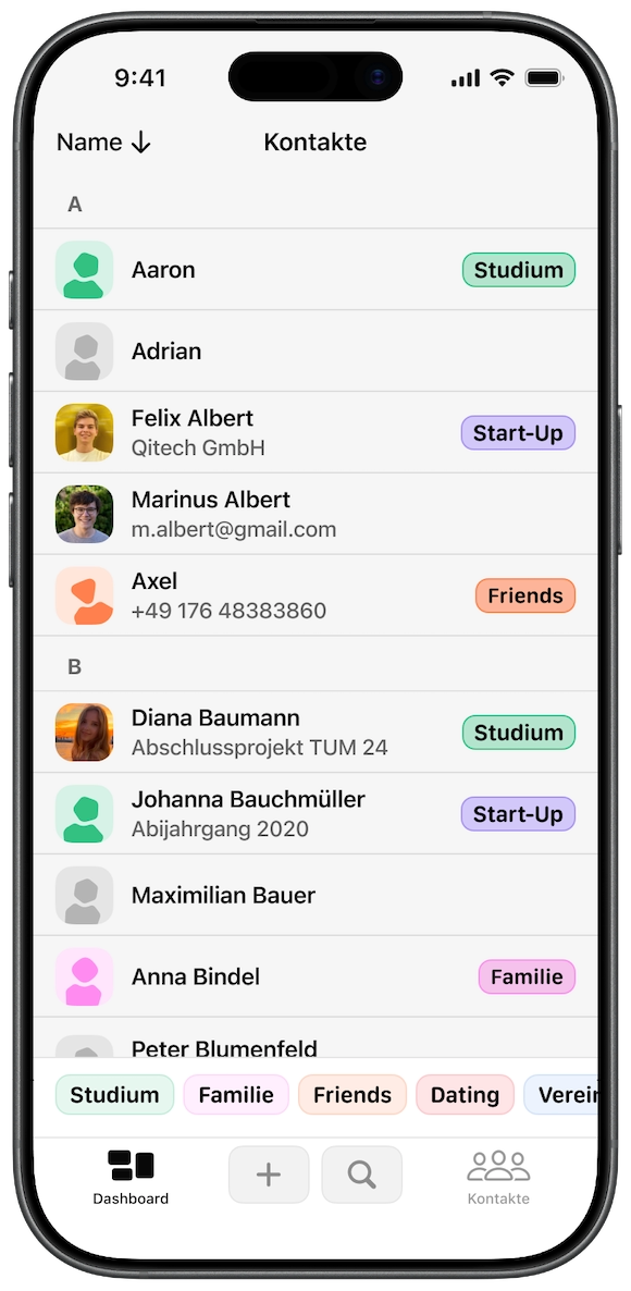 Screenshot von known, der zeigt, dass die erweiterten Infos dabei helfen den richtigen Kontakt zu finden