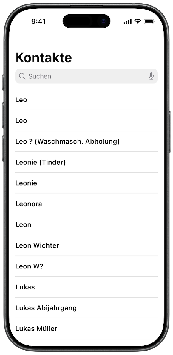 Screenshot der vorinstallierten Kontakte-App mit vielen ähnlichen Kontakten